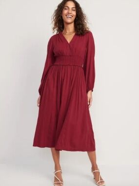 Old Navy Women's Waist-Defined Puff-Sleeve Smocked Midi Dress 3X Cotton Blend